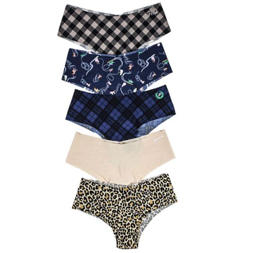 Assortment of Victoria's Secret and Pink women's underwear in various styles, colors, and patterns, neatly arranged on a white background, showcasing comfort and style