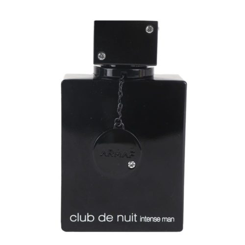 Club de Nuit Intense Man Eau de Parfum 200 ml by Armaf, close-up of the black perfume bottle with a square cap and chain detail.