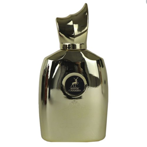 Galatea Eau de Parfum 100ml de Maison Alhambra, con un lujoso frasco dorado con un tapón de diseño único y un elegante logotipo de Maison Alhambra.