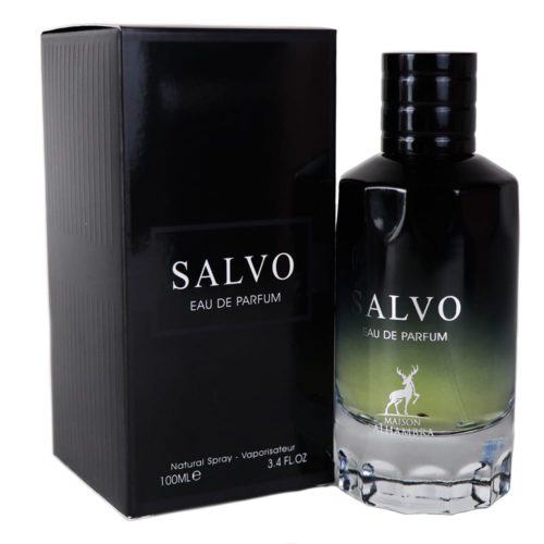 Frasco de Salvo Eau de Parfum junto a su empaque negro elegante, con un diseño degradado y la marca Maison Alhambra
