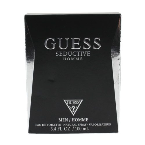 GUESS Seductive Homme Eau de Toilette 100 ml para hombre, con una elegante caja negra con detalles plateados y la marca GUESS.