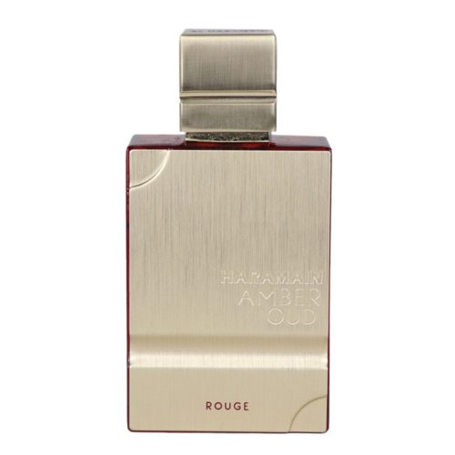 The "Amber Oud Rouge Edition" perfume bottle, featuring a sleek brushed gold finish with embossed branding and a bold, minimalist square cap.