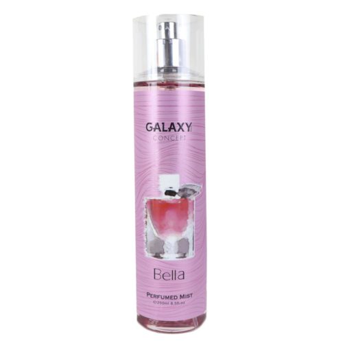 A single bottle of BELLA Galaxy Concept Perfumed Mist for Women, presented against a white background. The light pink packaging features an artistic perfume bottle illustration.