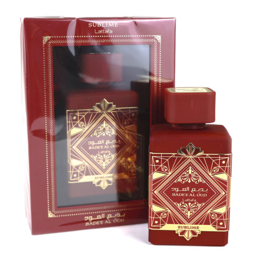 Badee Al Oud Sublime Eau de Parfum by Lattafa for Men, 100ml, with a maroon and gold bottle design displayed alongside the matching boxed packaging.