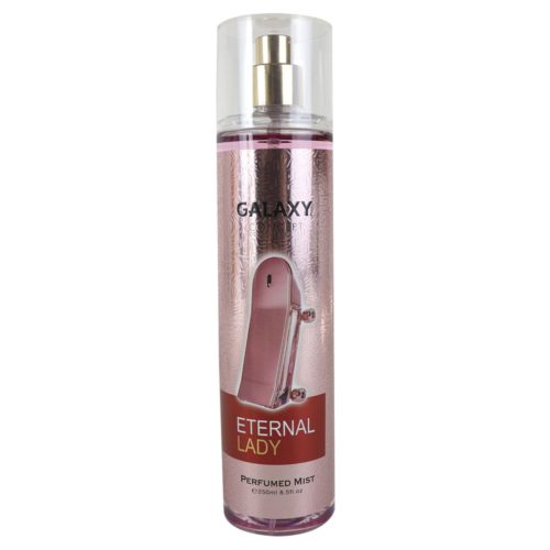 A single bottle of Galaxy Concept Eternal Lady perfumed mist standing upright. The metallic pink packaging features an elegant perfume bottle design.