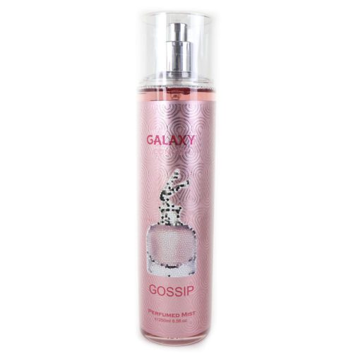 A single bottle of Galaxy Concept Gossip Perfumed Mist 250ml, standing upright. The pink packaging has a stylish design with a decorative perfume bottle illustration.