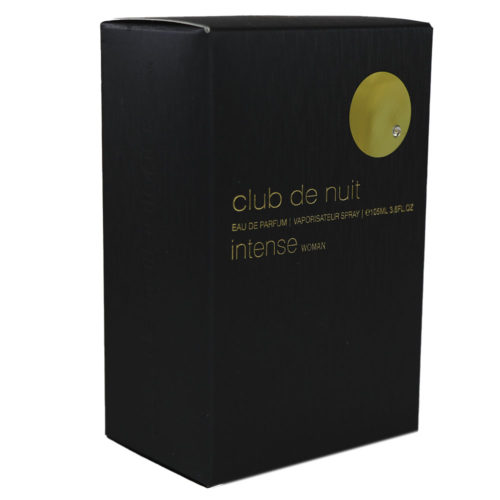 Side view of the Club de Nuit Intense Eau de Parfum 105ml packaging for women by Armaf, featuring a sleek black box with gold accents and a small round logo