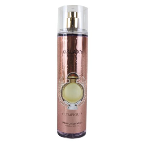 Single bottle of Galaxy Concept Olympiques Perfumed Mist 250ml for women. Elegant gold-toned bottle with a winged fragrance motif.