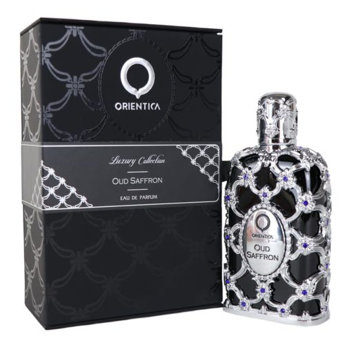 The "Oud Saffron" perfume bottle by Orientica, displayed beside its elegant black packaging from the Luxury Collection.