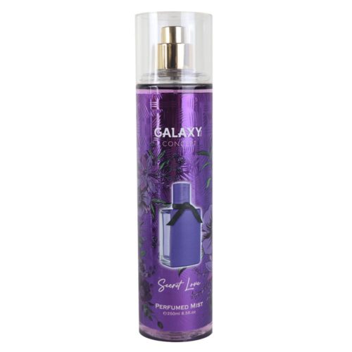 A single bottle of "Galaxy Concept Secret Love" perfumed mist in a tall, transparent bottle with a purple floral design and gold spray nozzle.