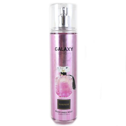 A single bottle of Galaxy Concept Surprise Perfumed Mist for women, showcasing its pink metallic finish with a floral perfume bottle illustration.