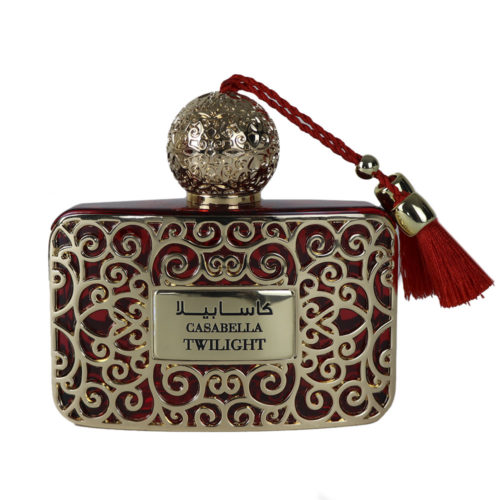 Close-up of the Casabella Twilight Eau de Parfum bottle, adorned with intricate gold detailing and a red tassel.