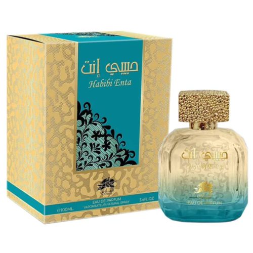 Habibi Enta Eau De Parfum, featuring a gold and turquoise bottle with a textured gold cap, alongside a matching box with intricate patterns and Arabic script.