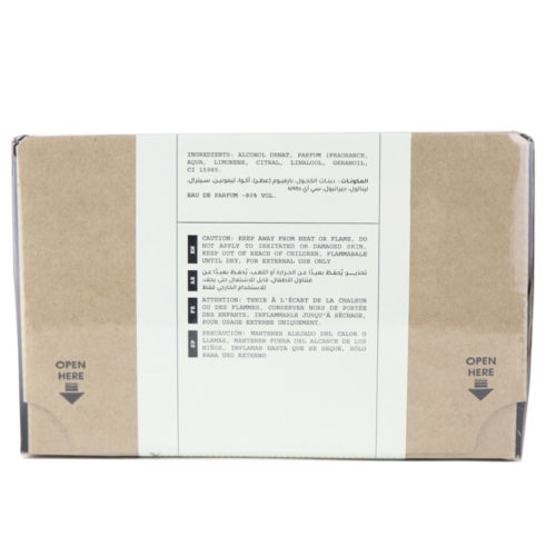 Back view of Stallion 53 Eau de Parfum box showing ingredients, usage instructions, and safety warnings in multiple languages, printed on a kraft paper background.