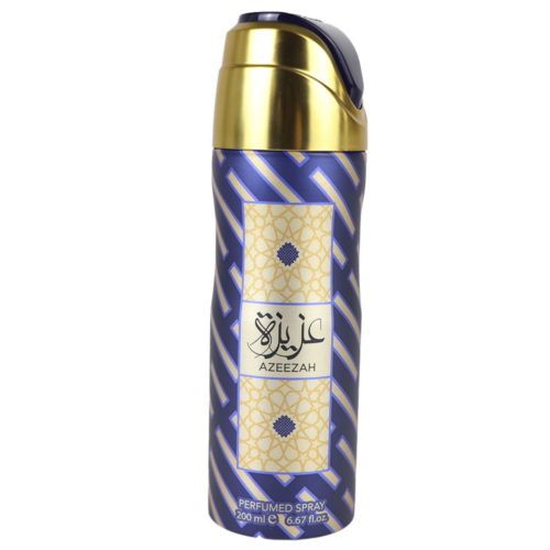 Azzeezah Perfumed Spray 200 ml by Lattafa in a blue and gold patterned bottle with an elegant design, featuring Arabic and English text on the label.