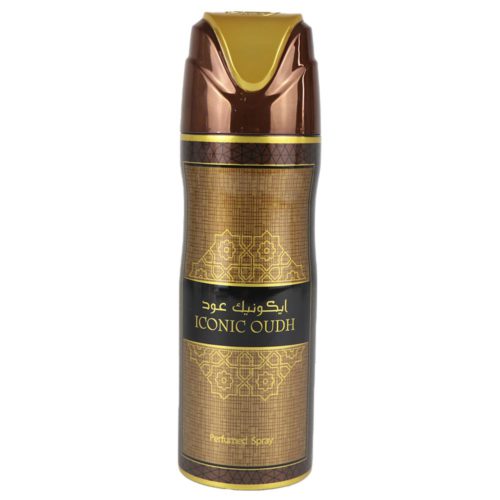 Iconic Oudh Perfumed Spray 200 ml de Lattafa con el tapón puesto, con un elegante diseño marrón y dorado con texto en árabe e inglés en la etiqueta