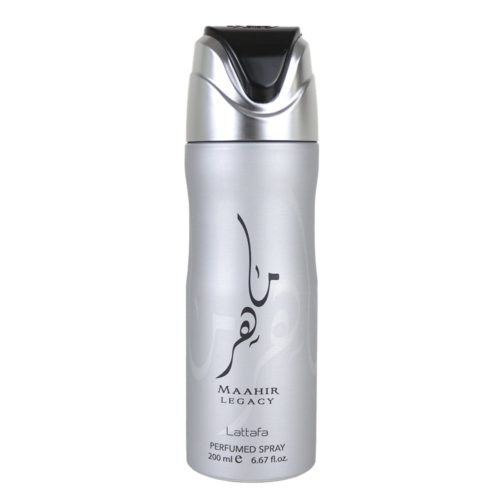 Front view of the silver Maahir Legacy perfumed spray by Lattafa, 200 ml, with its black and silver cap placed beside it.