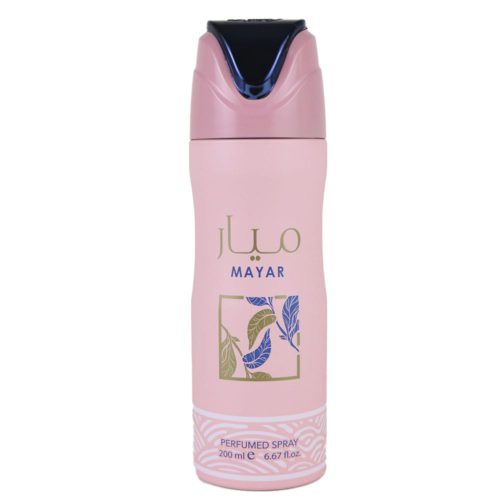 Vista frontal del Spray Perfumado Mayar de Lattafa, 200 ml, con su tapón negro y rosa bien sujeto.