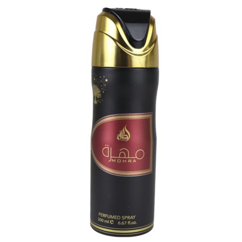 Front view of the Mohra Perfumed Spray by Lattafa, 200 ml, with the gold and black cap attached to the canister.