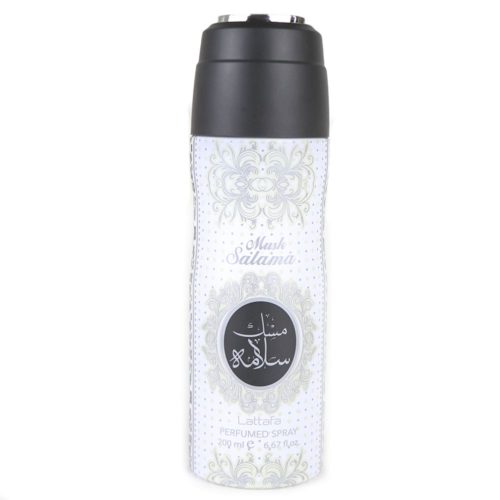 Musk Salama Perfumed Spray 200 ml by Lattafa with the cap on, featuring a sleek white and silver design with Arabic and English text on the label.