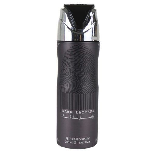 Ramz Lattafa Spray perfumado para hombre, 200 ml, elegante frasco negro y plateado con diseño de huellas dactilares en la parte delantera, nombre del producto en árabe e inglés.
