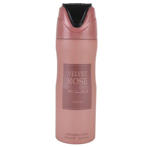 Lattafa Velvet Rose Perfumed Spray for Women, 200 ml, pink matte bottle with black and silver cap, product name in Arabic and English.