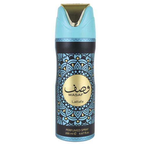 Front view of Wasaf Perfumed Spray 200 ml for Men by Lattafa with cap attached, featuring blue and gold mandala design.