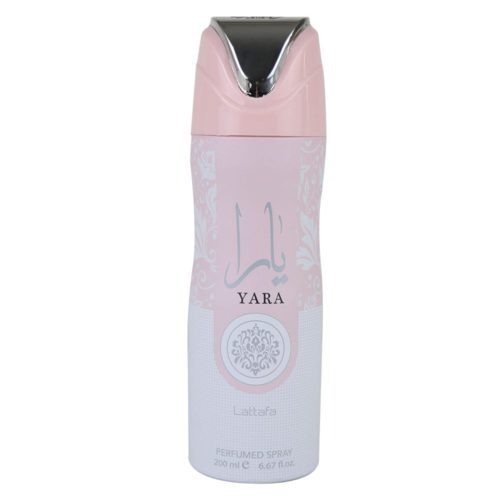 Front view of Yara Perfumed Spray 200 ml for Women by Lattafa with cap attached, showcasing a pink and silver floral design.
