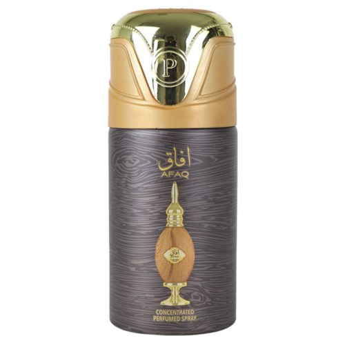Frasco de spray perfumado concentrado Lattafa Afaq en marrón con textura de madera y dorado, con un intrincado diseño y un lujoso tapón dorado.