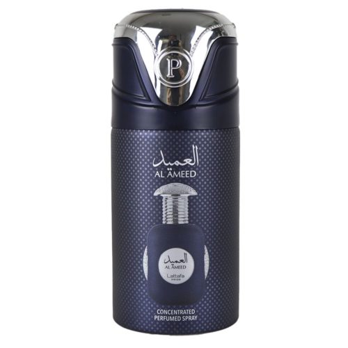 Lattafa Pride Al Ameed Concentrated Perfumed Spray 250ml in a navy blue canister with silver accents, featuring an illustration of the perfume bottle on the front.