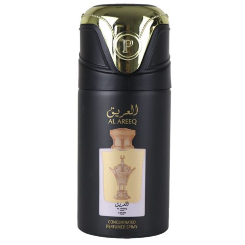 Lattafa Al Areeq black and gold concentrated perfumed spray bottle with a gold cap and intricate Arabic design, showcasing luxurious packaging.