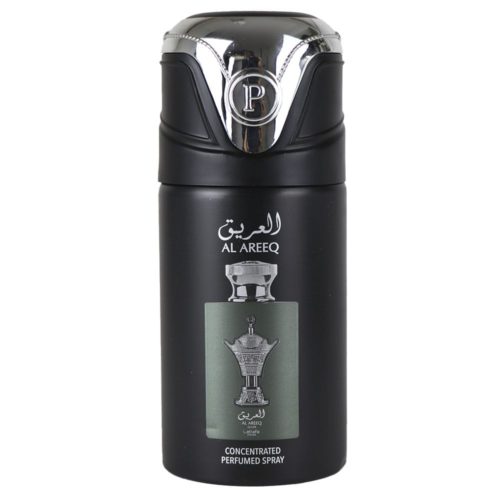 Lattafa Pride Al Areeq Silver Concentrated Perfumed Spray canister with the silver lid removed, showing the black and silver design and the spray nozzle.