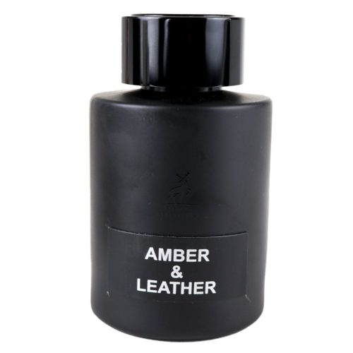 Front view of Amber & Leather Eau de Parfum bottle, 100 ml, showcasing its sleek matte black design with minimalistic white text.