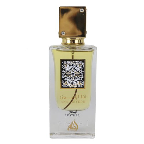 Lattafa Ana Abiyedh Leather Eau de Parfum 60 ml bottle with a clear design and gold cap, featuring decorative accents.