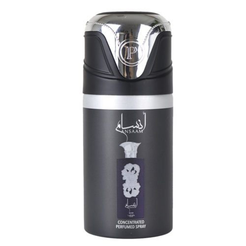 Lattafa Ansaam concentrated perfumed spray bottle in silver and black, featuring a delicate floral design and a silver cap with a 'P' logo.