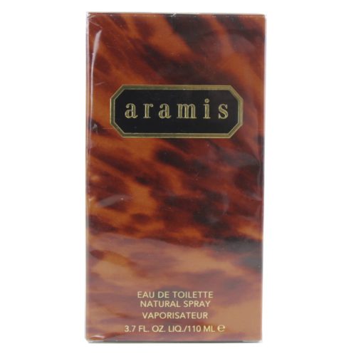 Front view of the Aramis Eau De Toilette Natural Spray packaging box for men, featuring a tortoise shell pattern with gold and black accents, 3.7 fl oz (110 ml).