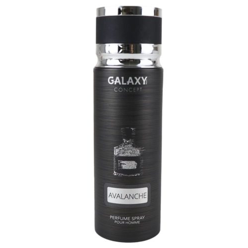 Vista frontal del spray de perfume Avalanche para hombre de Galaxy Concept, lata de 200 ml con un moderno diseño negro y tapón plateado, que destaca la marca y el nombre del producto.