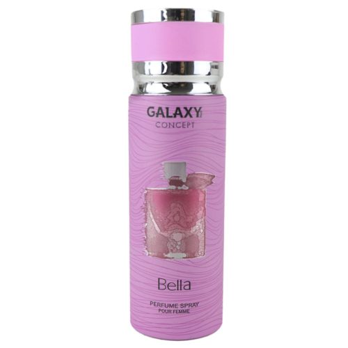 Front view of Bella perfume spray for women by Galaxy Concept, highlighting the pink textured design and detailed perfume bottle illustration.