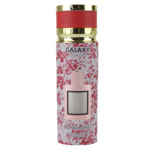 Front view of Blooming perfume spray for women by Galaxy Concept, highlighting the red and white floral design and the elegant perfume bottle illustration.