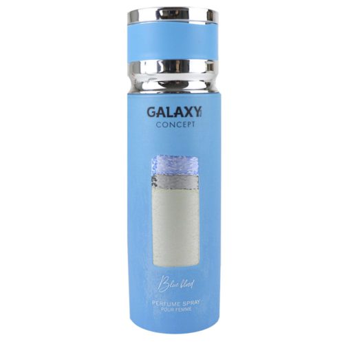 Vista frontal del perfume en spray Galaxy Concept Blue Blood para mujer, frasco de 200 ml, con un diseño minimalista en azul y plata con un gráfico texturizado.
