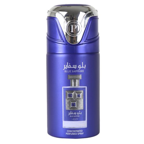 Lattafa Pride Blue Sapphire Concentrated Perfumed Spray canister with a silver and blue top, highlighting the perfume bottle illustration on the front.