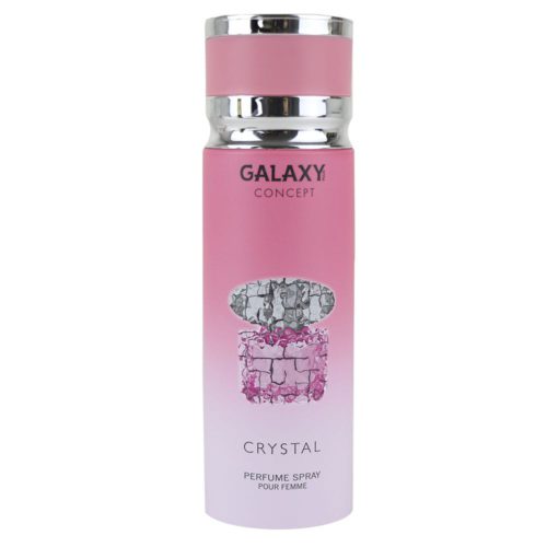 Front view of Crystal perfume spray for women by Galaxy Concept, highlighting the pink can design with silver accents and the crystal illustration.