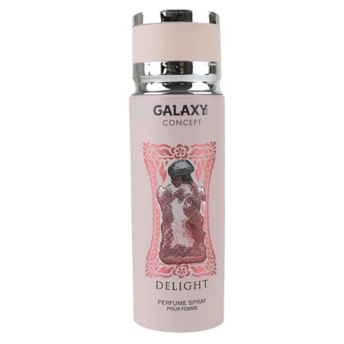 Delight perfume spray for women by Galaxy Concept, 200 ml can with a soft beige design, featuring an intricate floral perfume bottle illustration.