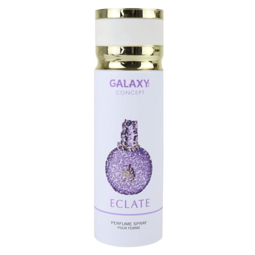 Front view of Galaxy Concept Eclate perfume spray for women, 200 ml bottle, featuring a white design with a purple textured bottle graphic.