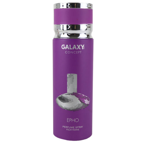 Vista frontal del perfume en aerosol Galaxy Concept Epho para mujer, frasco de 200 ml, que presenta un atrevido diseño morado con un estilizado gráfico en el frasco.