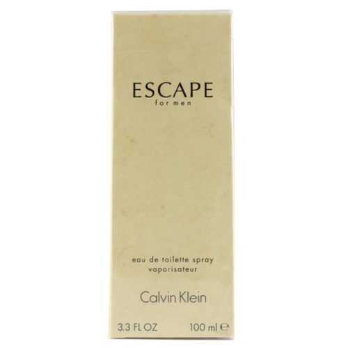 Vista frontal de la caja de Escape Eau de Toilette 100 ml para hombre de Calvin Klein, que muestra un diseño minimalista en beige con texto en negro.