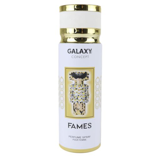 Vista frontal del perfume en aerosol Galaxy Concept Fames para mujer, frasco de 200 ml, de estética blanca y dorada con un estilizado gráfico de frasco de perfume.
