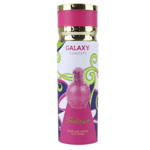 Front view of Fantasia perfume spray for women by Galaxy Concept, highlighting the bold green and pink swirl design with a perfume bottle illustration and gold accents.