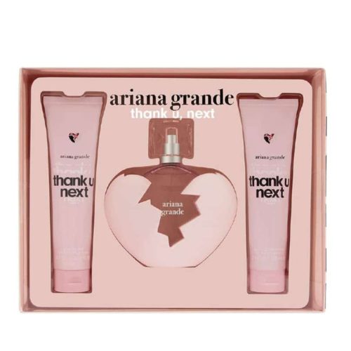 Ariana Grande Thank U, Next fragrance gift set for women, featuring a 100 ml heart-shaped perfume bottle and two pink body lotion tubes.