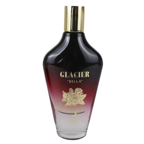 Front view of Glacier Bella Eau de Parfum bottle, 100 ml, with an elegant gradient design from black to red and gold floral detailing.